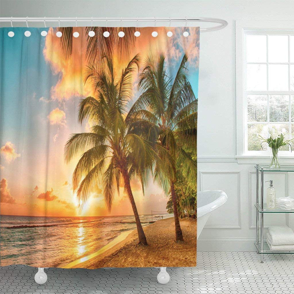   Ŀư ȭƮ ġ ڼ ٴ  Ƹ ٿ  ī    Ƽ ׸/Waterproof Shower Curtain Beautiful Sunset Over the Sea at Palms on White Beach Caribbean